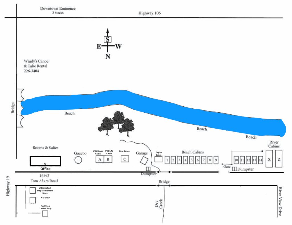 Map of resort with winding blue river